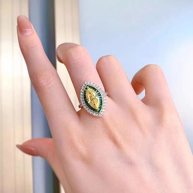 Marquise Yellow Diamond Emerald Halo Ring