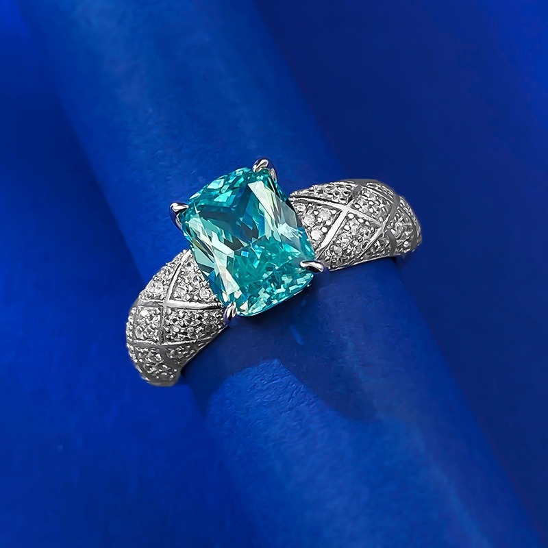 「Paraiba Dream」S925 Sterling Silver Cushion Cut Quilted Ring