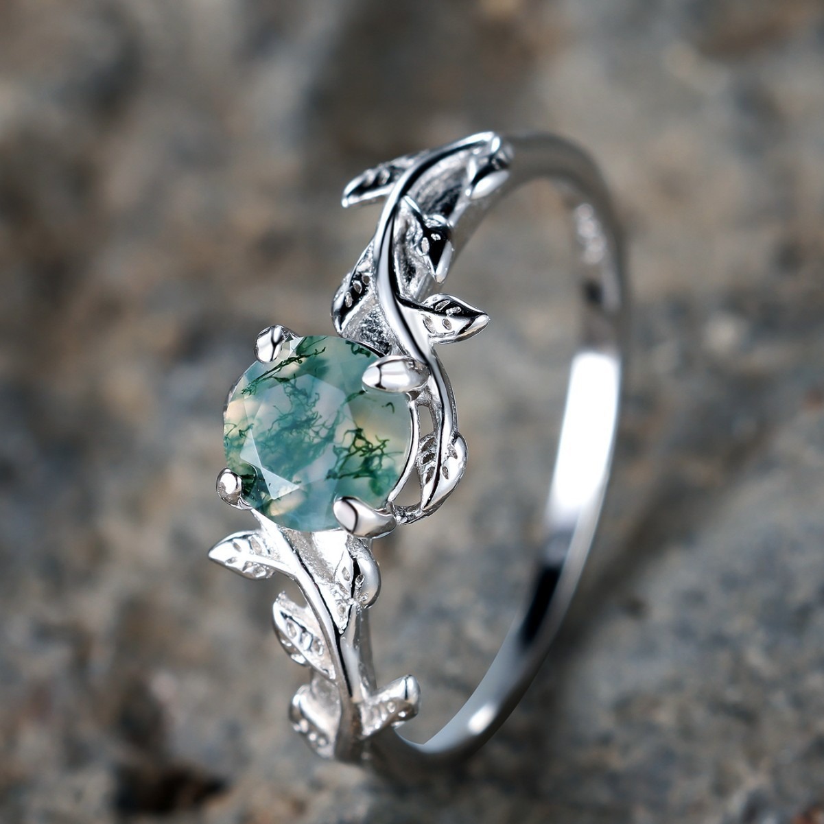 S925 Sterling Silver Natural Moss Agate Vine Ring