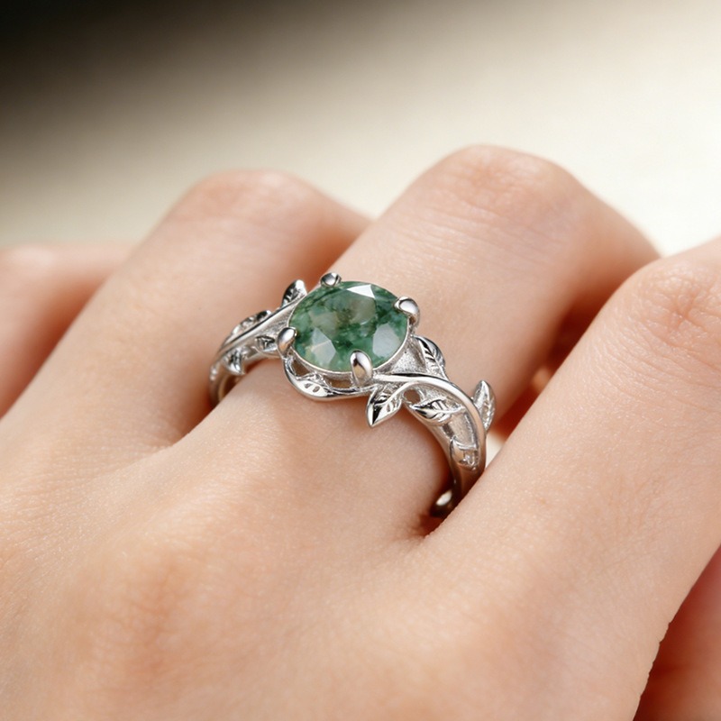 S925 Sterling Silver Natural Moss Agate Vine Ring