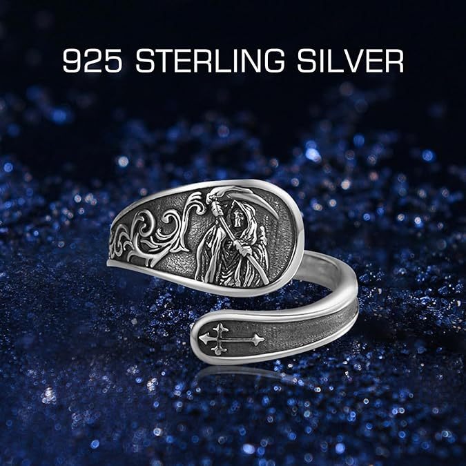 S925 Sterling Silver Vintage Grim Reaper Soul Guardian Adjustable Ring