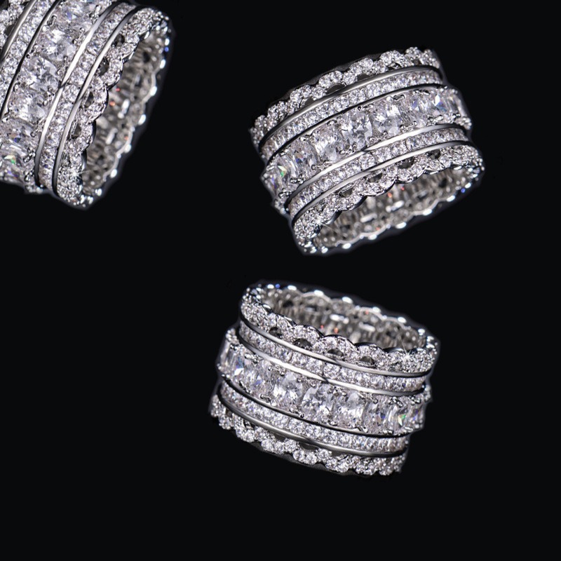 S925 Sterling Silver Multi-Row Pave CZ Wide Eternity Statement Ring