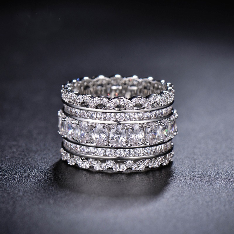 S925 Sterling Silver Multi-Row Pave CZ Wide Eternity Statement Ring