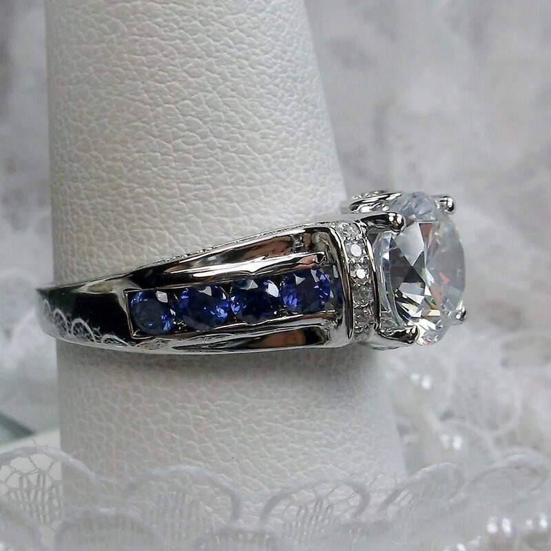 S925 Sterling Silver Sapphire Accent Four-Prong Solitaire Ring