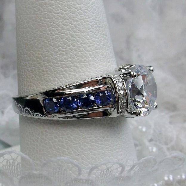 S925 Sterling Silver Sapphire Accent Four-Prong Solitaire Ring