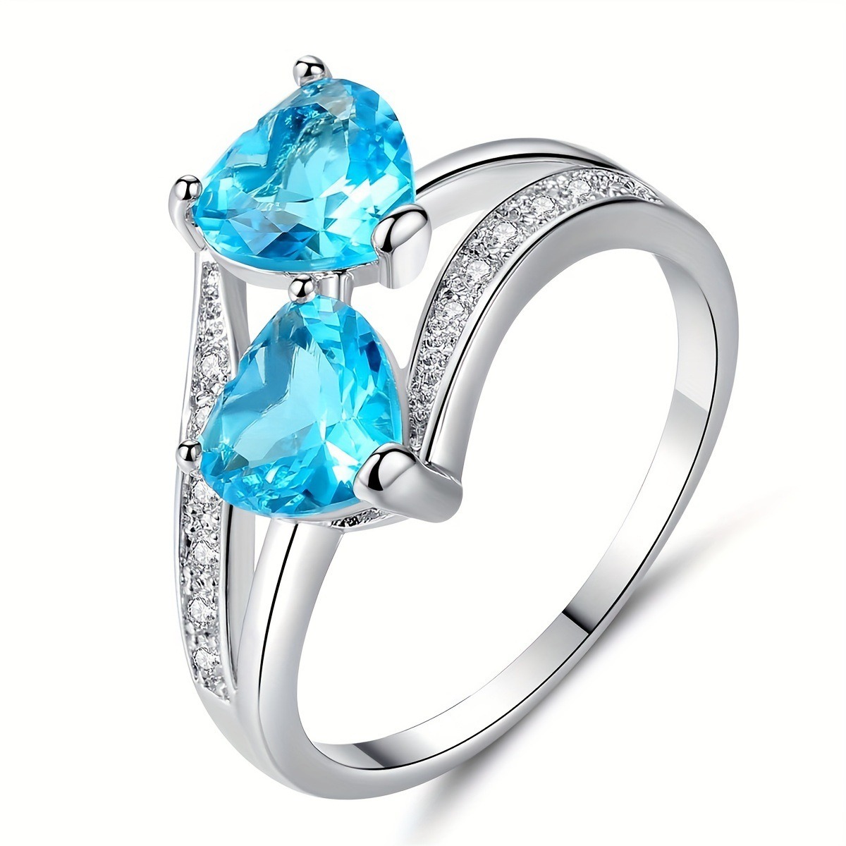 S925 Sterling Silver Double Heart Gemstone Ring