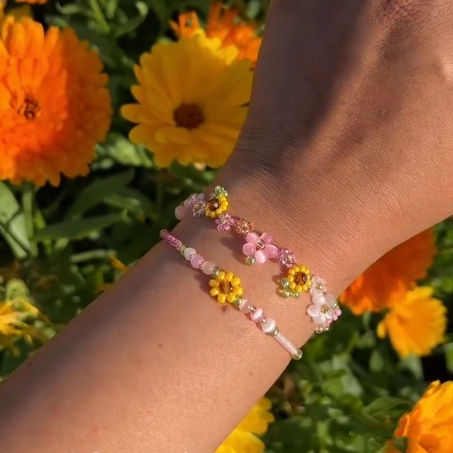 Artisan Hand-Strung Flower Beaded Bracelet