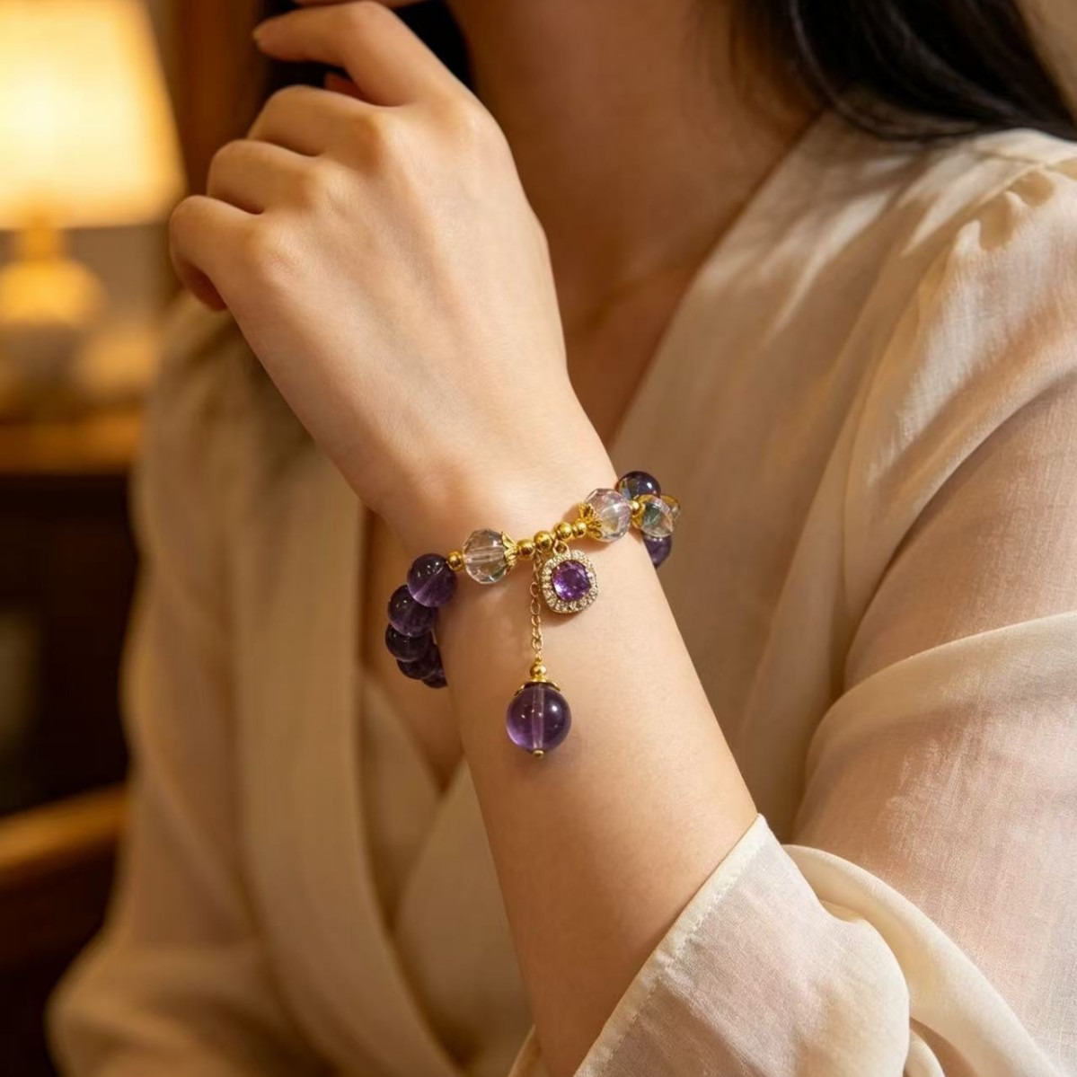 14K Gold Natural Uruguay Amethyst Handmade Beaded Bracelet