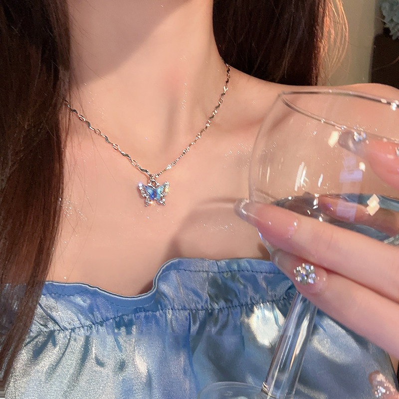  S925 Sterling Silver Double Layer Blue Zircon Butterfly Layering Necklace