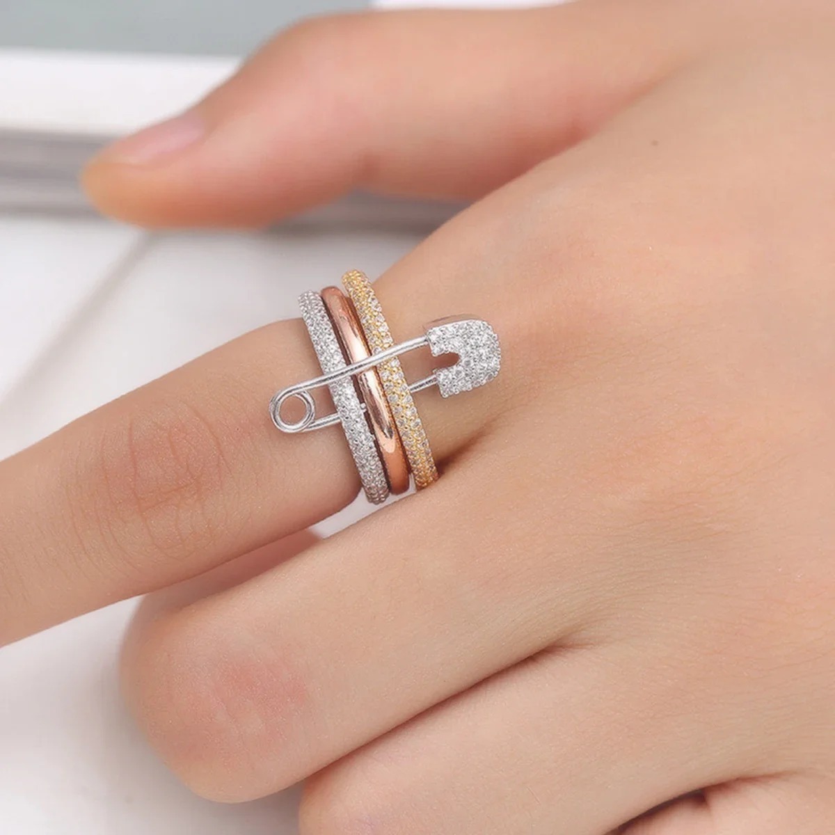 Safety Pin Stacking Ring | 18K Gold / Silver / Tri-Color Pavé Statement Ring
