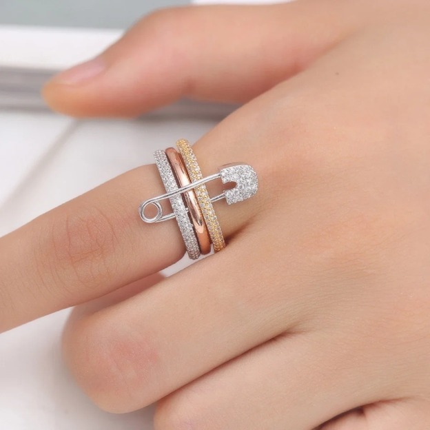 Safety Pin Stacking Ring | 18K Gold / Silver / Tri-Color Pavé Statement Ring