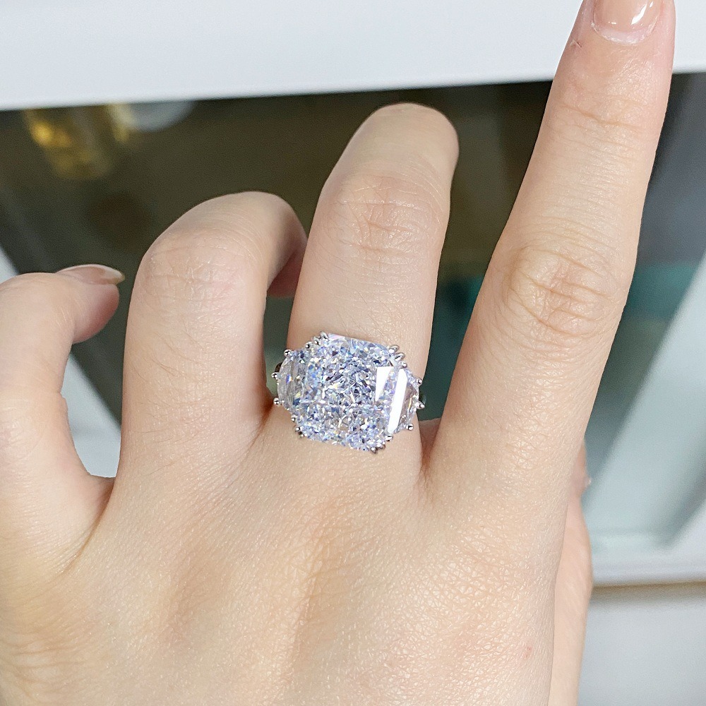 S925 Sterling Silver Radiant Cut Three Stone Ring, Cushion Simulated Diamond Statement Ring