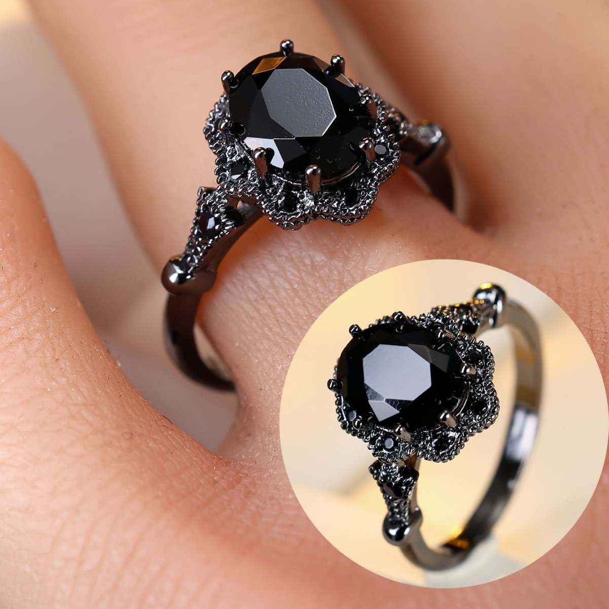 S925 Sterling Silver Black Rhodium Plated Oval Obsidian Gothic Ring