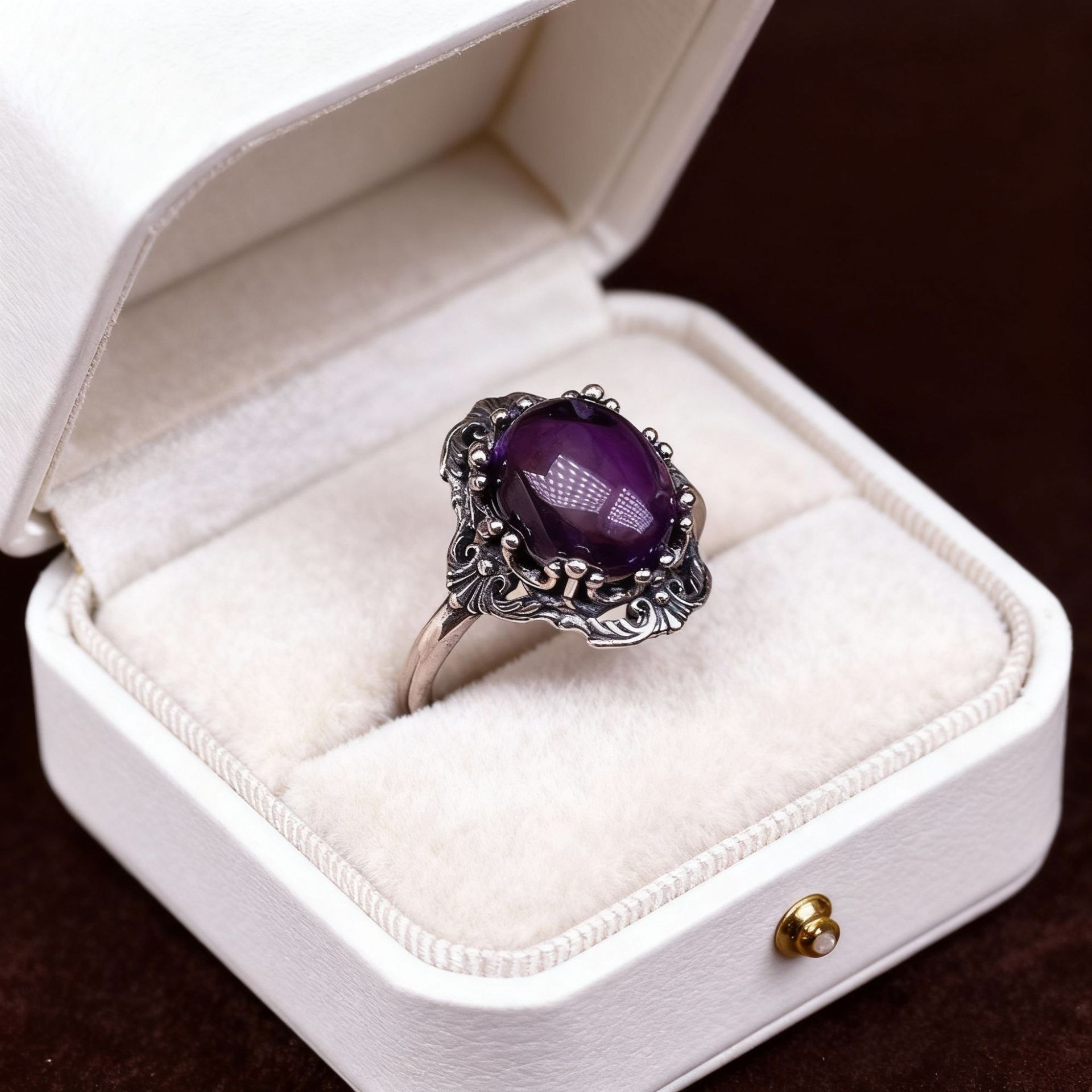 S925 Sterling Silver Oxidized Amethyst Cabochon Ring