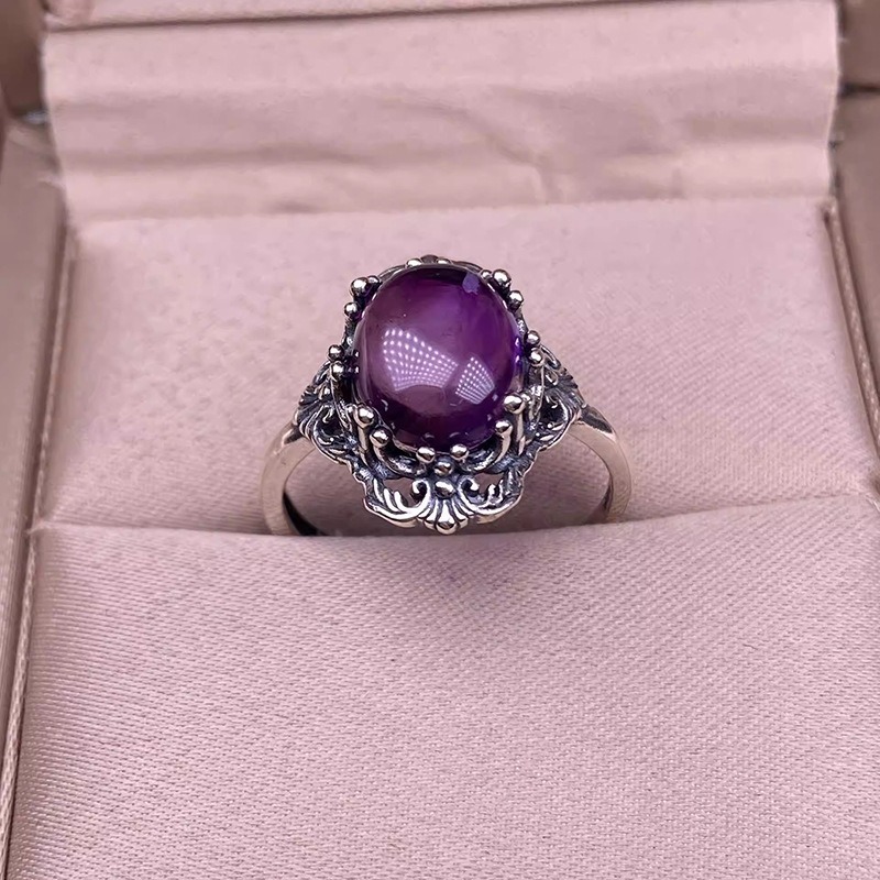 S925 Sterling Silver Oxidized Amethyst Cabochon Ring