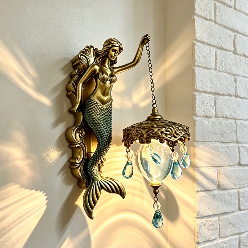 Vintage Resin Mermaid Lantern Wall Sconce