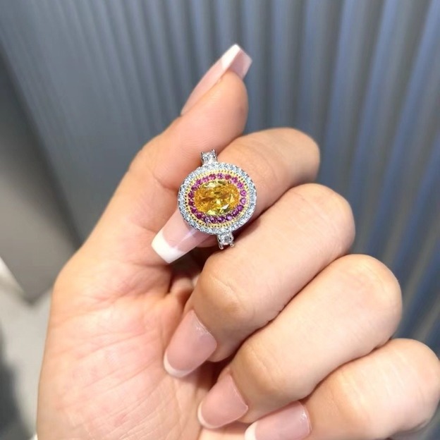 Sterling Silver Oval Yellow CZ Double Halo Ring