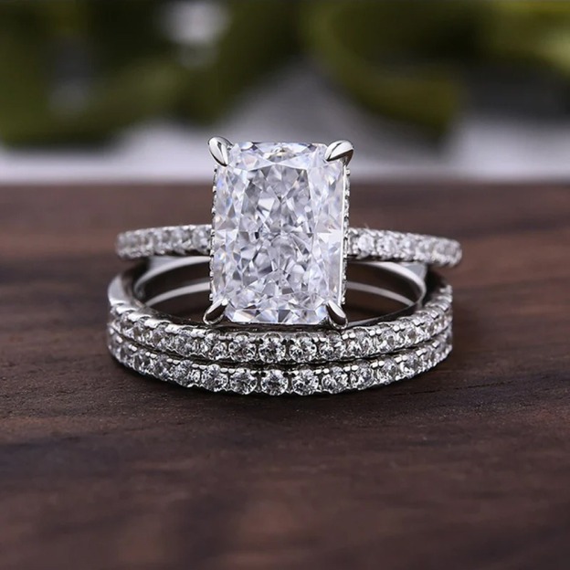 Radiant Princess-Cut Three-Piece Ring Set | Statement Center Ring with Double Pavé Stackable Bands