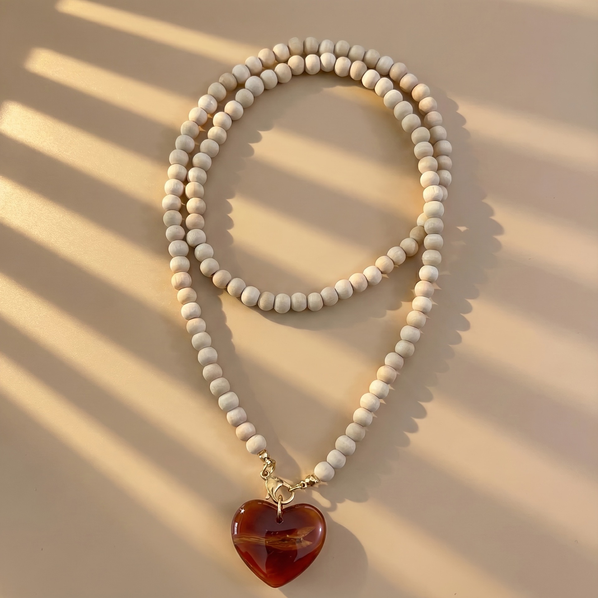 Nature's Pulse Natural Wood Bead Amber Heart Pendant Necklace