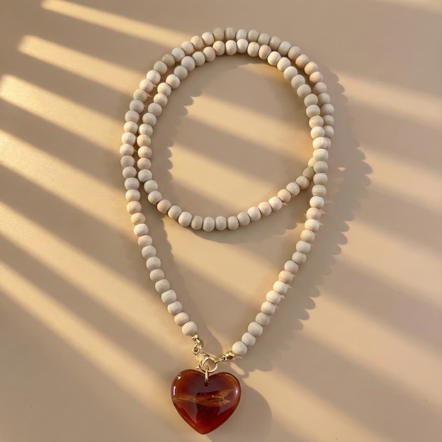 Nature's Pulse Natural Wood Bead Amber Heart Pendant Necklace