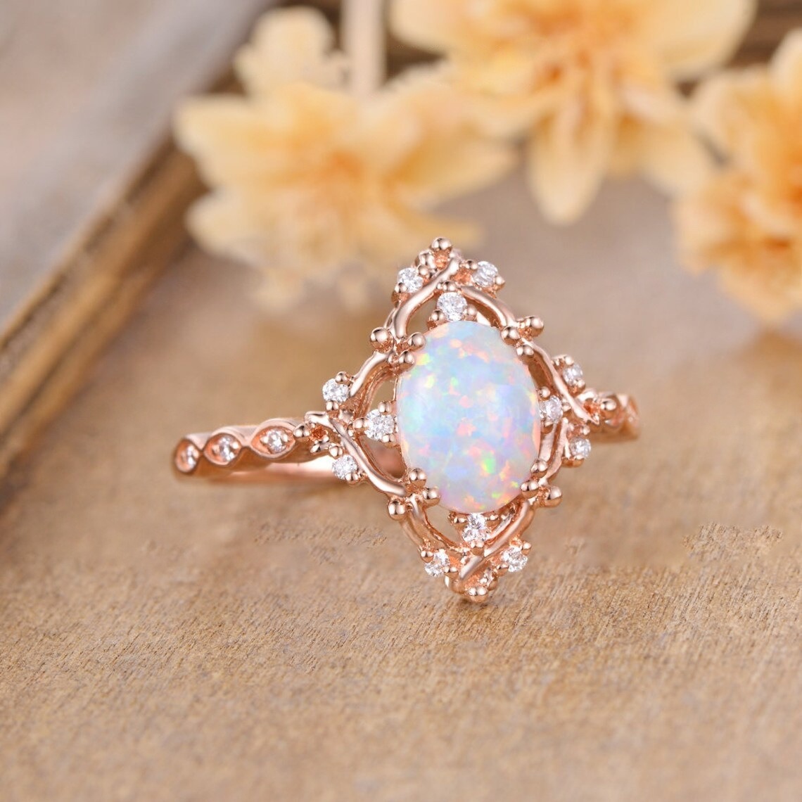White Opal Vintage Ring | 925 Sterling Silver | Platinum / Rose Gold Finish