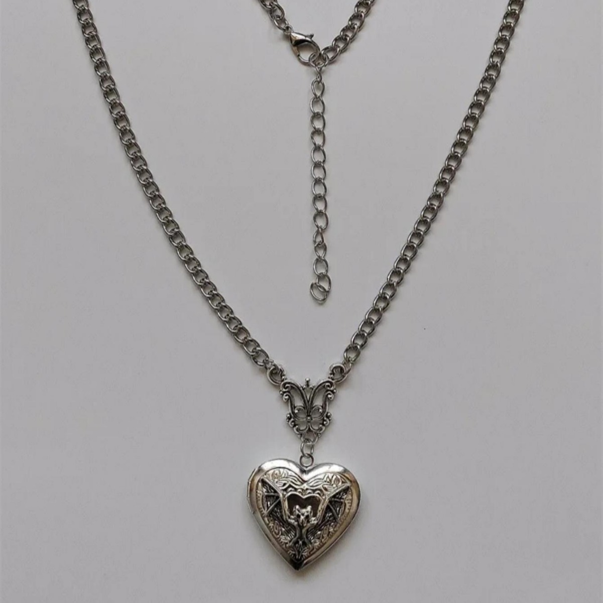 S925 Sterling Silver Gothic Bat Heart Locket Necklace