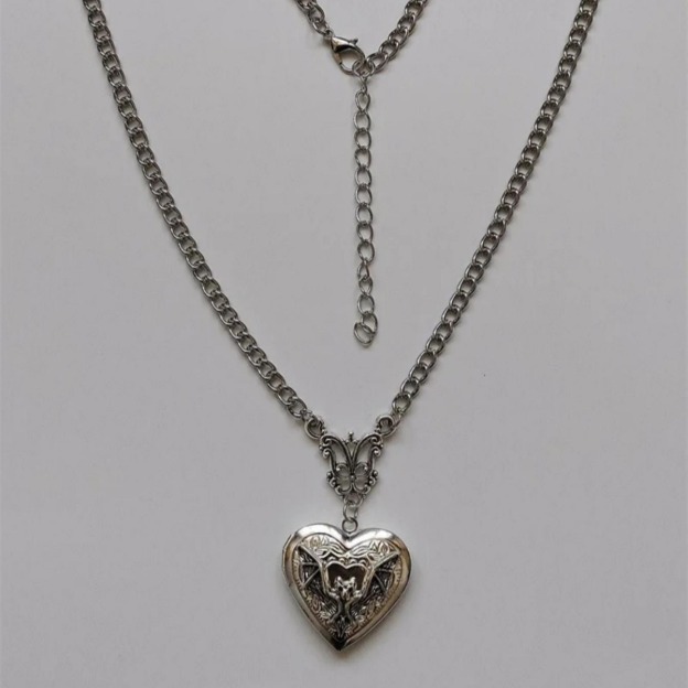 S925 Sterling Silver Gothic Bat Heart Locket Necklace