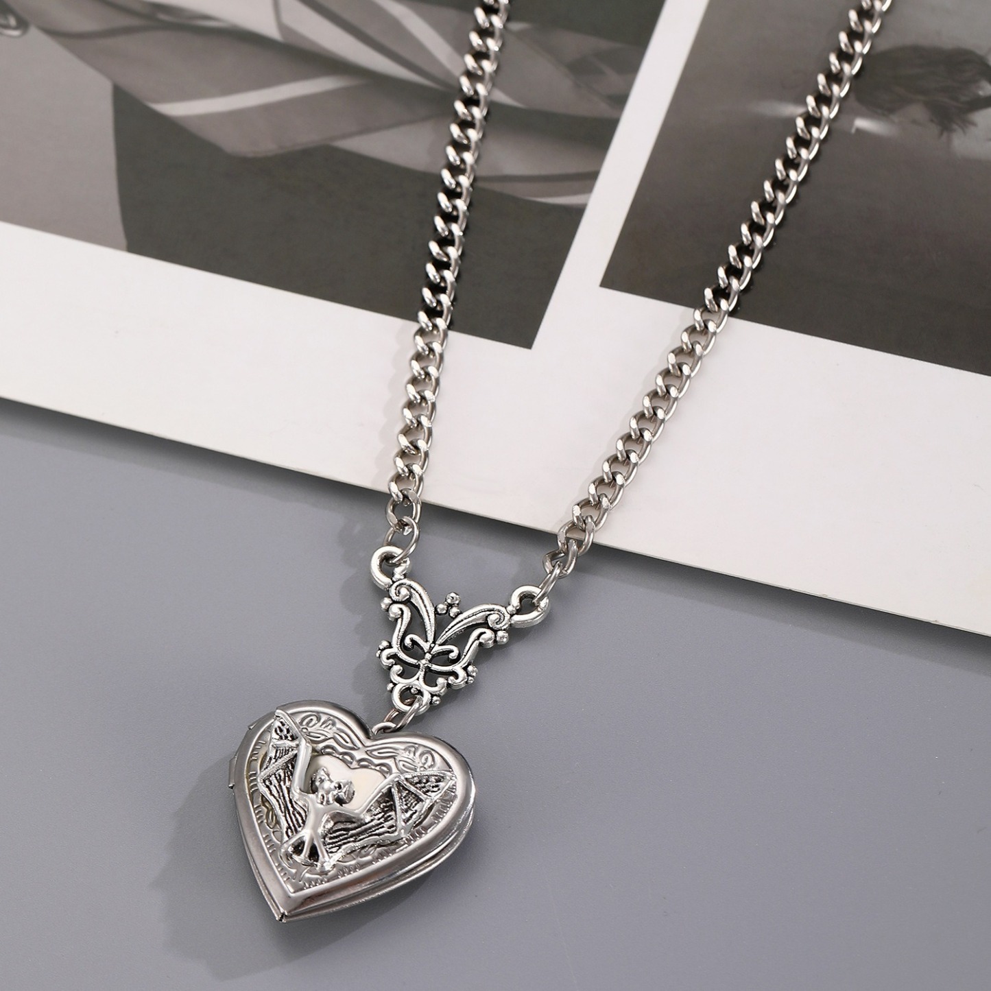 S925 Sterling Silver Gothic Bat Heart Locket Necklace