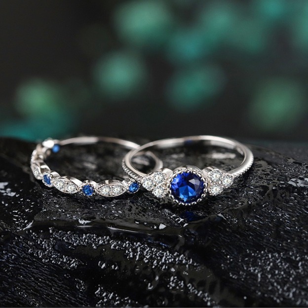 “Eternal Heart” Round Gemstone Ring Set | Stackable Double Ring Design with Halo Setting