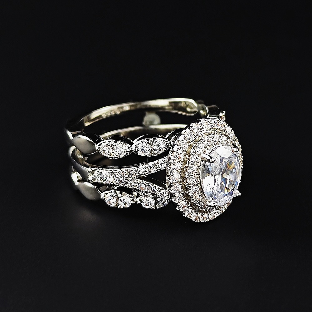 Luxury Halo Moissanite 925 Silver Bridal Ring Set – 2-in-1 Stackable Design