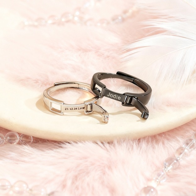 "Time Buckle" Custom Engraved Couple Rings | Personalized Date & Name Belt-Buckle Design Minimalist Matching Bands