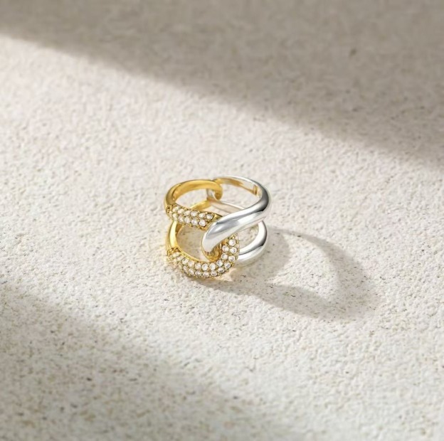 Intertwined Starburst Sterling Silver Diamond Double-Band Ring｜Two-Tone Texture for Daily Elegance