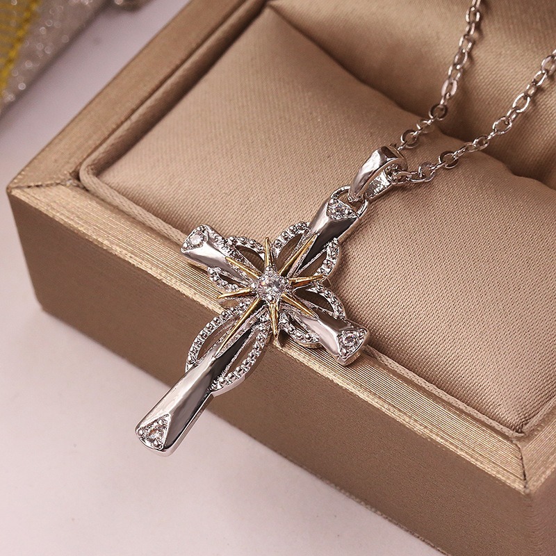 Starburst Holy Cross Two-Tone Diamond Cross Pendant Necklace｜Faith & Elegance Neck Guardian
