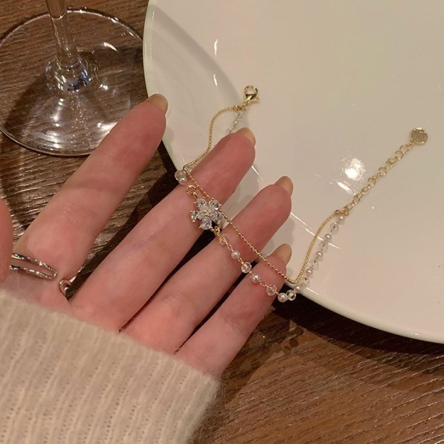 Gilded Flower Whisper 18K Gold Pearl & Crystal Double-Layer Bracelet