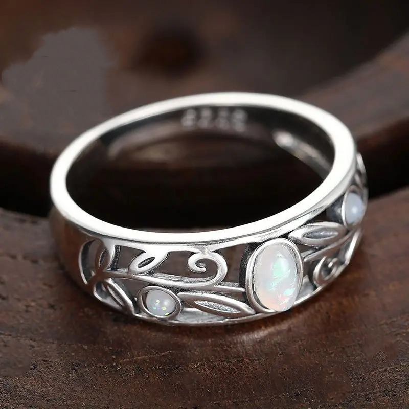 Silver Leaf Opal S925 Sterling Silver Openwork Carved Ring