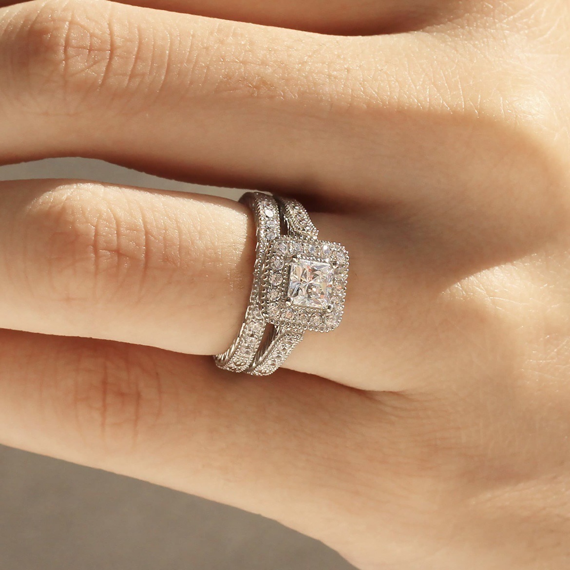 Luxury Square Radiance S925 Sterling Silver Full Pavé Square Diamond Ring Set