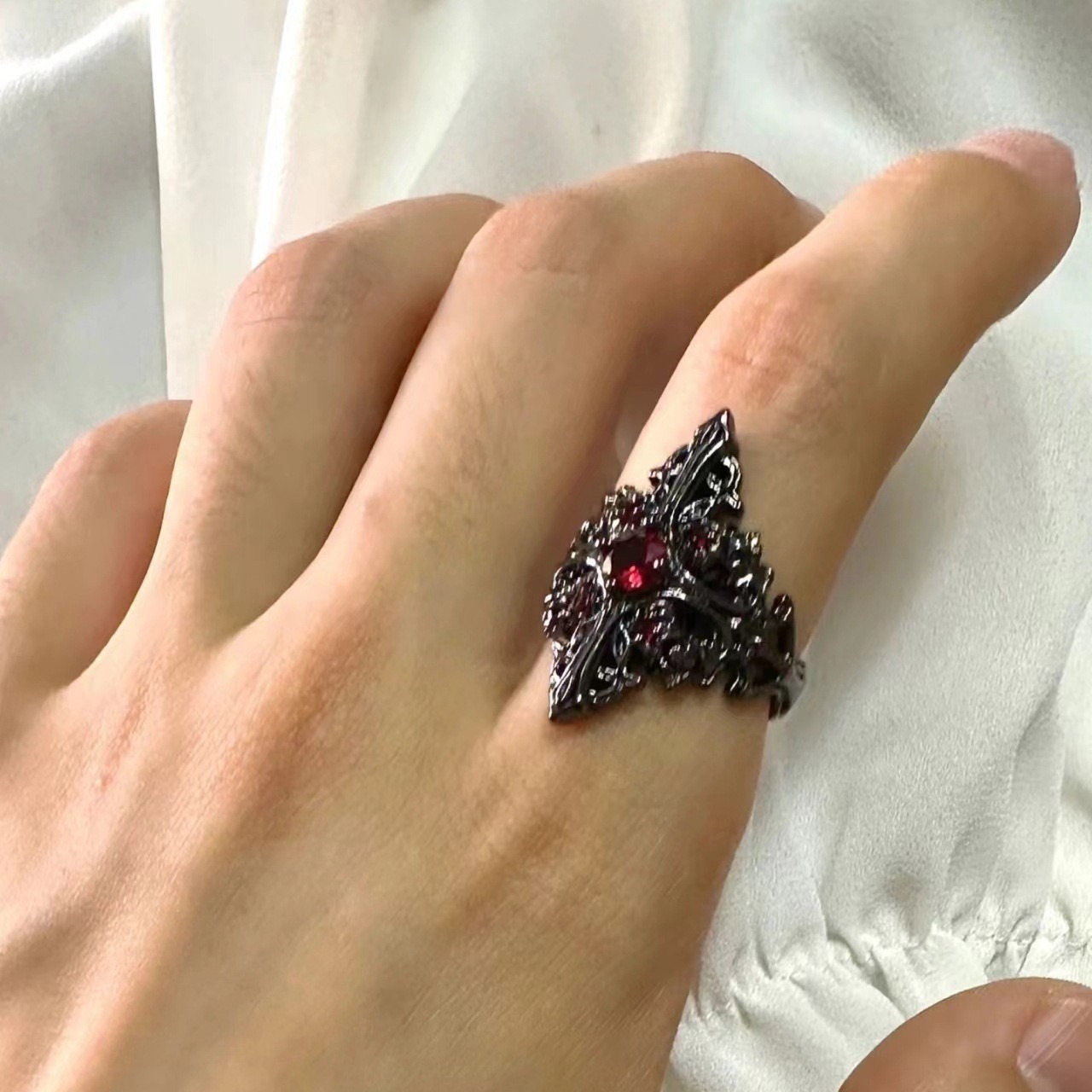 Midnight Crimson Black-Plated Gothic Ring