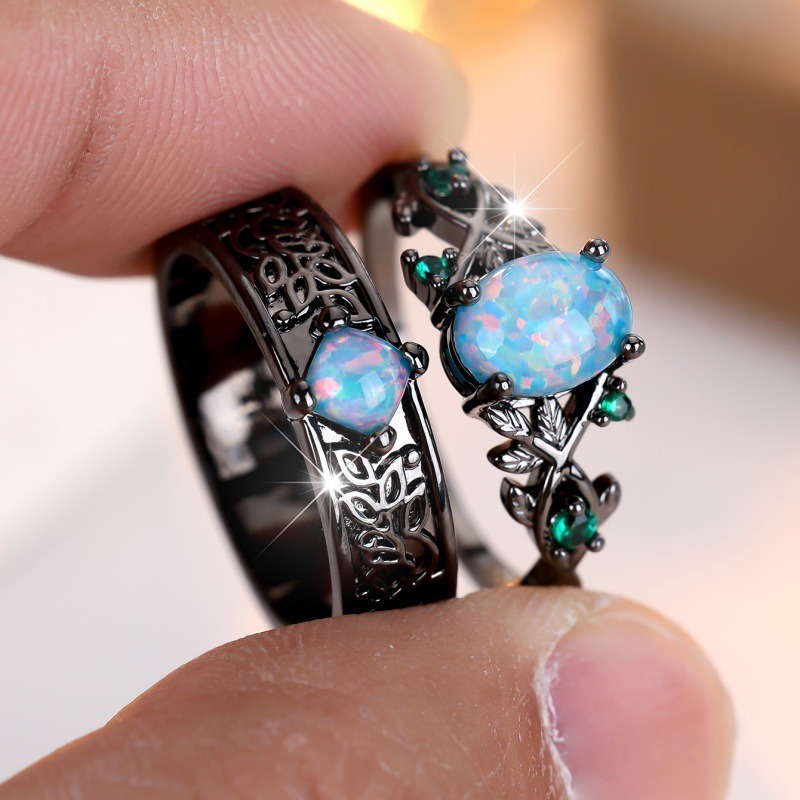 Opal Dreamscape Black-Plated Opal/Stardust Couple Ring Set