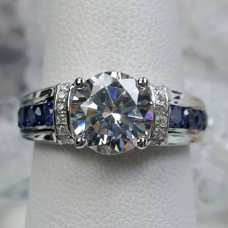 S925 Sterling Silver Sapphire Accent Four-Prong Solitaire Ring