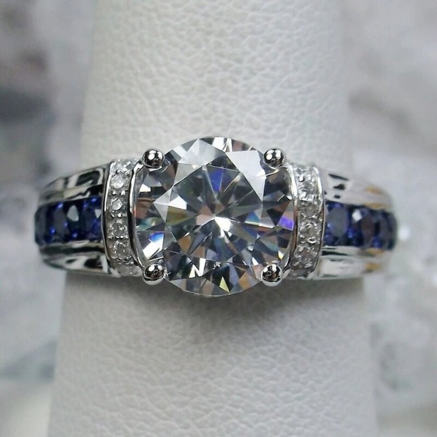S925 Sterling Silver Sapphire Accent Four-Prong Solitaire Ring
