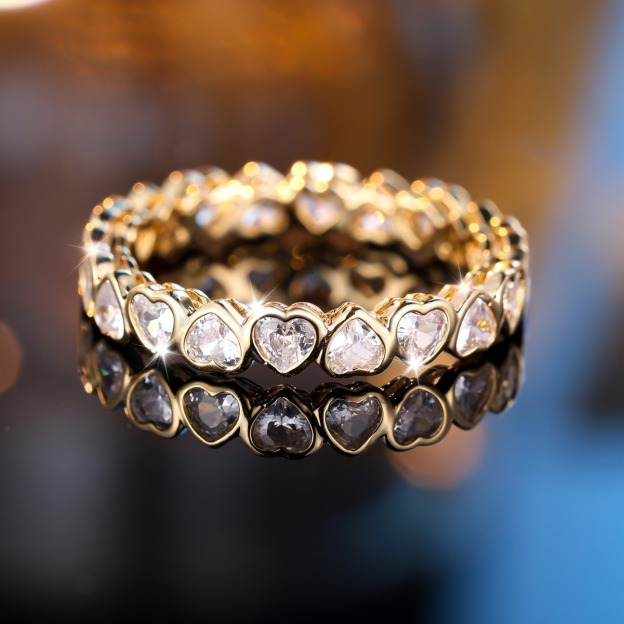 Eternal Heart Eternity Band S925 Sterling Silver Gold-Plated Full Heart-Cut Diamond Ring