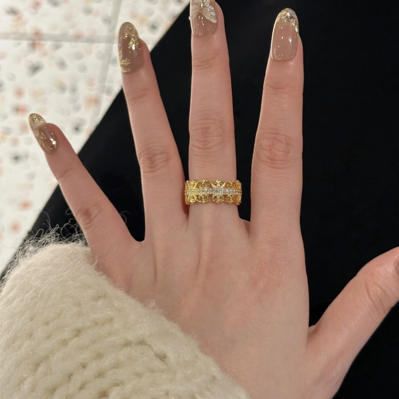 Golden Filigree Blossom 18K Gold Vintage Openwork Filigree Pavé Diamond Wide Band Ring