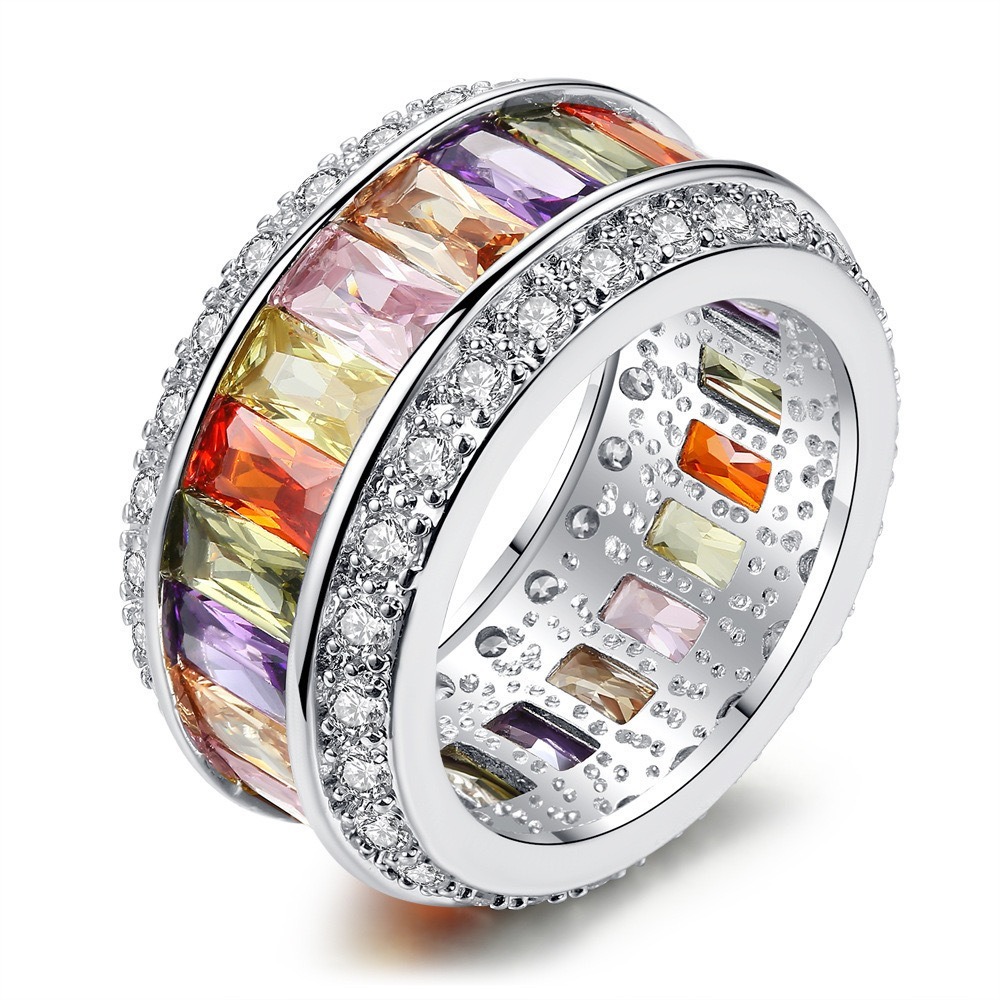 Rainbow Light S925 Sterling Silver Platinum Plated Rainbow Rectangular Diamond Wide Ring