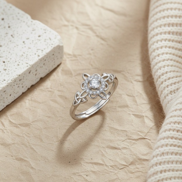 Celtic Guardian Blossom S925 Sterling Silver Platinum Plated Diamond Ring Timeless Strength Protection
