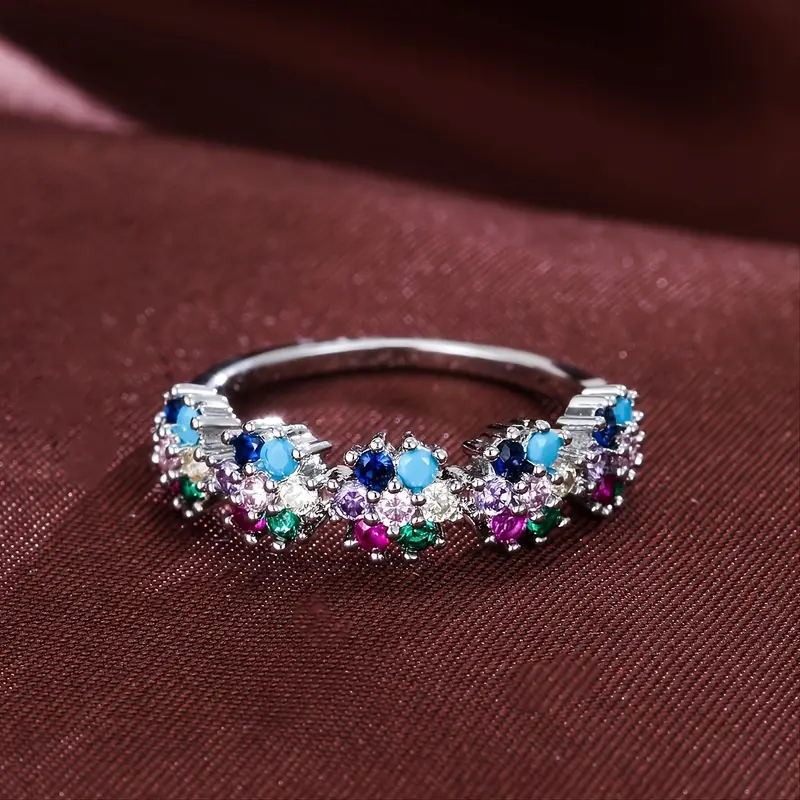 Life's Rainbow S925 Sterling Silver Platinum-Plated 7-Color Blossom Ring