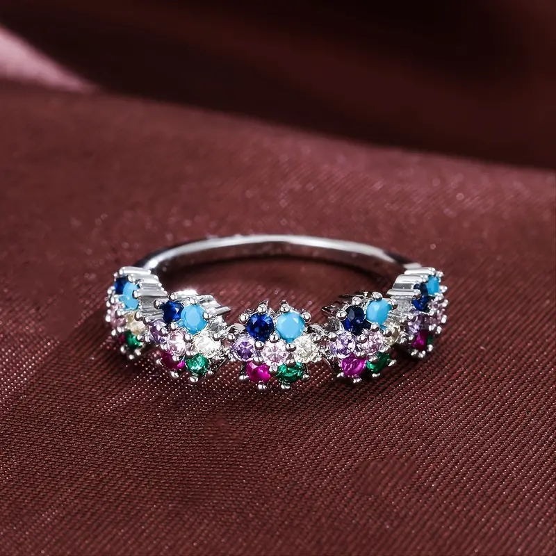 Life's Rainbow S925 Sterling Silver Platinum-Plated 7-Color Blossom Ring