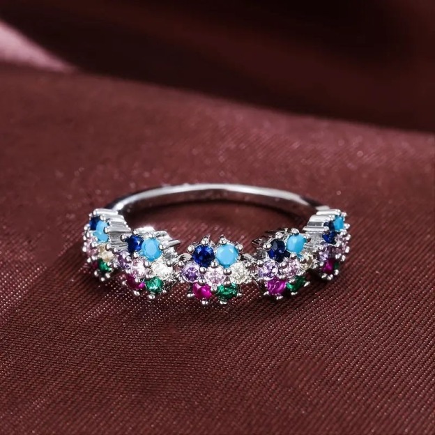 Life's Rainbow S925 Sterling Silver Platinum-Plated 7-Color Blossom Ring