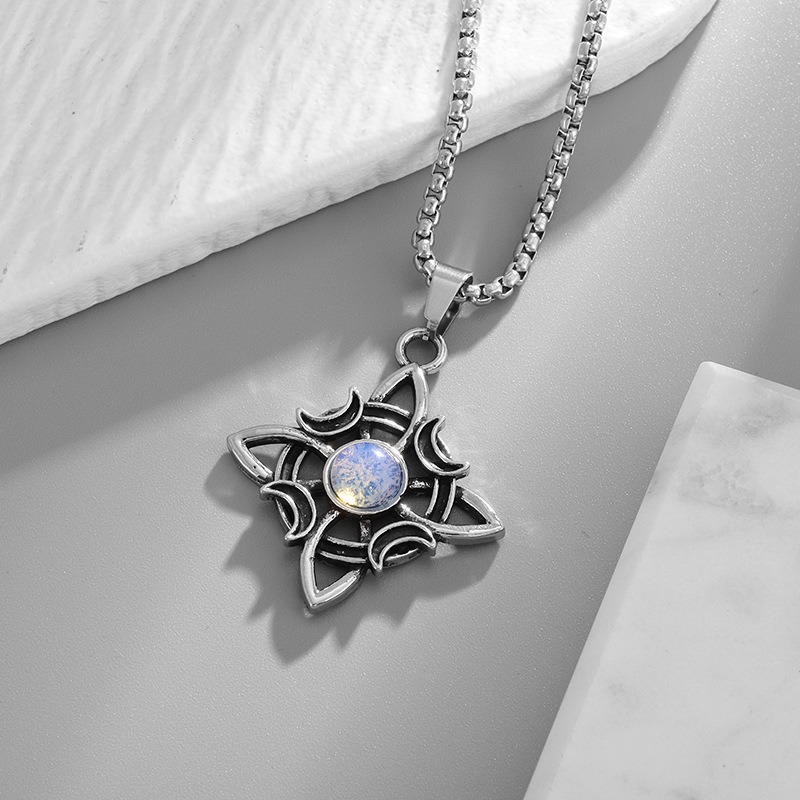 Witch's Protection Moon-Star Celtic Knot Opal Necklace