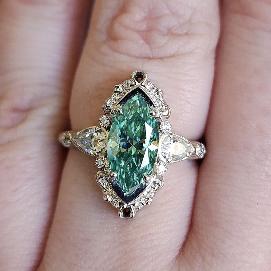 Whisper of the Forest S925 Sterling Silver Marquise Green Diamond Vintage Ring