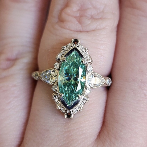 Whisper of the Forest S925 Sterling Silver Marquise Green Diamond Vintage Ring